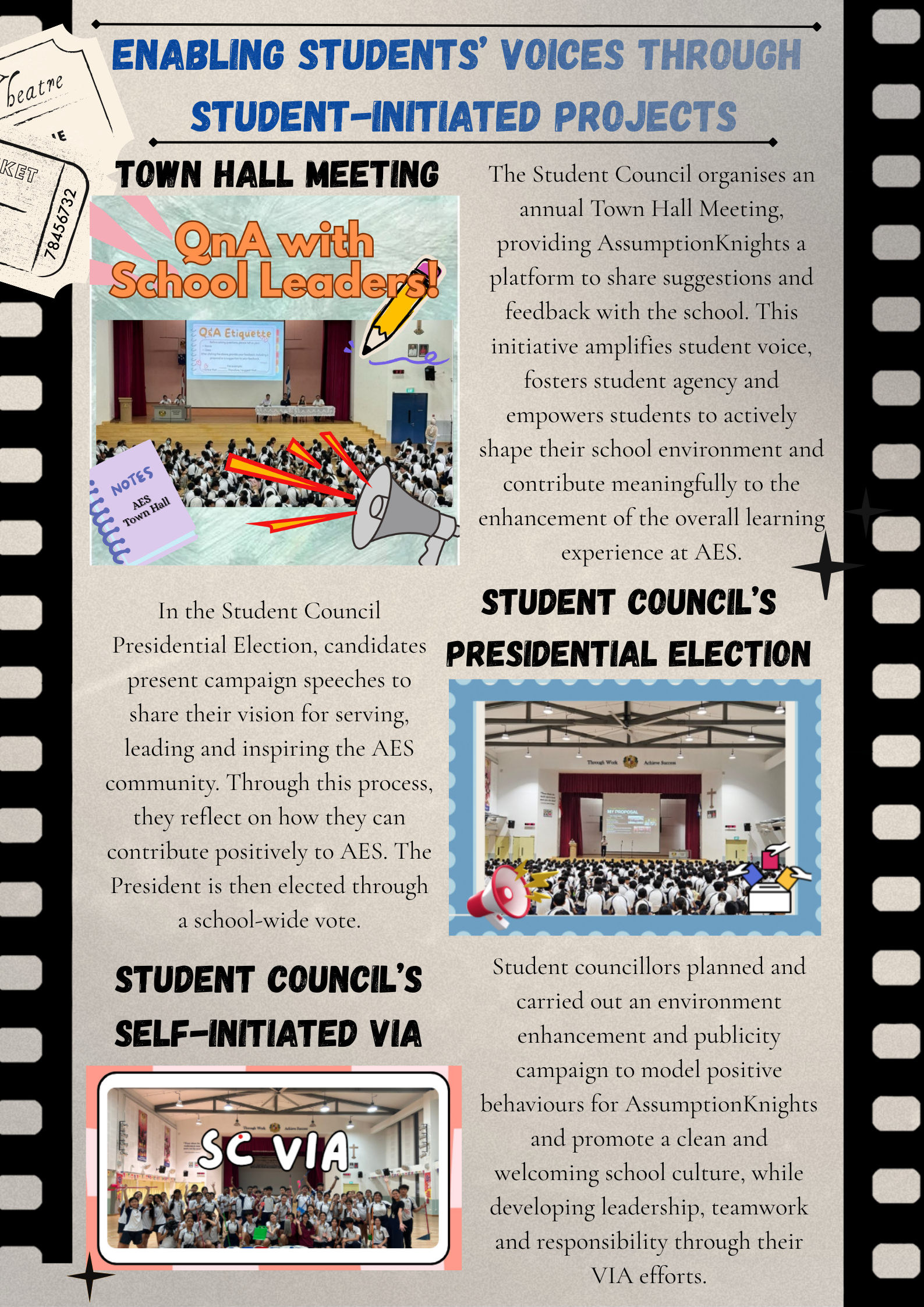 Poster on student-initiated projects: town hall Q&A, presidential election, and self-initiated VIA with photos.
